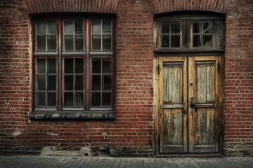 Obraz premium In an urban neighborhood, a weathered brick wall features a rustic wooden door and aged windows, all exuding a charming and nostalgic appeal