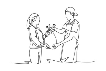 Outdoor street market concept. Single line draw design vector graphic illustration.