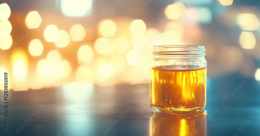 Poster a jar filled with golden organic honey sits on a smooth surface, reflecting soft light from a blurre
