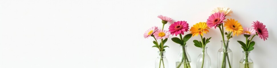 Colorful flowers in a vase against a simple white background, vases, arrangement, foliage