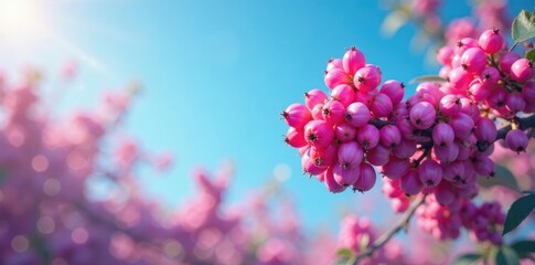 Colorful clusters of purple pink berries against a bright blue sky, landscape, pink, foliage