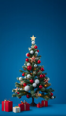 Fototapeta premium Christmas tree isolated on blue. Christmas background, retro style. with white shades