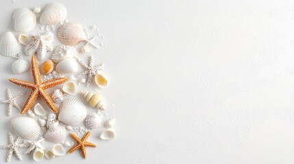 Fototapeta premium Seashells and starfish on white background; summer vacation memories