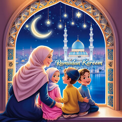 Happy family celebrate for eid mubarak with mosque background