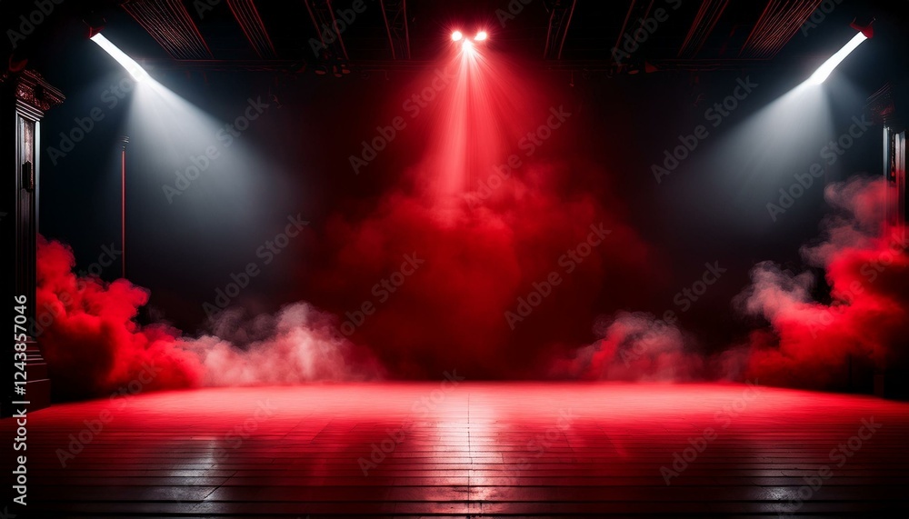 Wall mural the dark stage shows with red background and float smoke an empty dark scene neon spotlights studio 