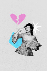 3D photo collage template trend artwork of marie antoinette royal court fashion hold air fan broken...