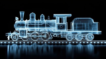 A digital rendering of a vintage steam locomotive, depicted in glowing cyan lines against a black background with reflection.