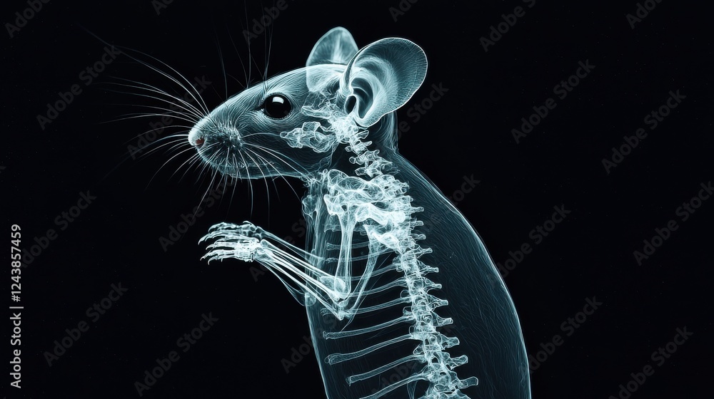 Poster detailed x ray style image of a mouse against a black background, showcasing its skeletal structure 