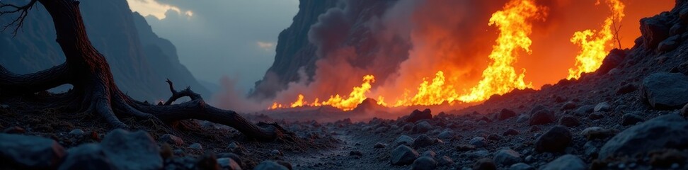 Fototapeta premium Flames rising from a ravaged, blackened landscape with twisted, glowing tree branches and jagged rock formations in the background, turbulent, flames