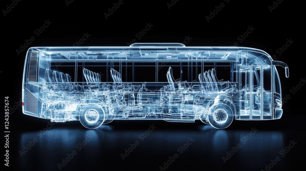 Poster x ray style image of a bus, showcasing its internal structure with glowing blue lines against a blac