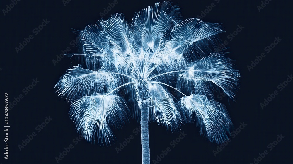 Poster abstract digital art of a palm tree, rendered in shades of blue and white against a dark background.