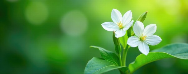 Fototapeta premium Fragrant white flowers, delicate petals, green leaves, botanical, plant