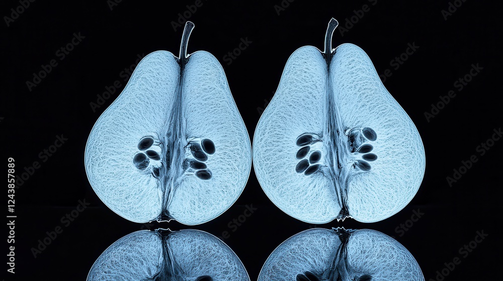 Aufkleber x ray style image of two pears, cut in half, showing internal structure with seeds, illuminated in b