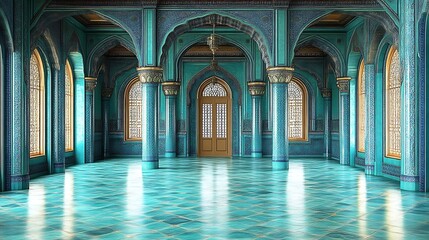 Fototapeta premium An Elegant Teal Hallway With Ornate Columns and Windows