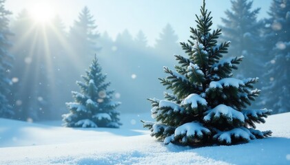 Fototapeta premium Fresh snowflakes fall gently around a towering evergreen tree, nature, snowy field, winter