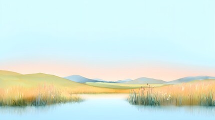 Serene Landscape with Tranquil Water and Gentle Distant Hills