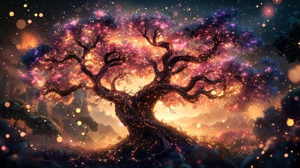 Majestic Enchanted Tree Glowing in Fantasy Landscape at Twilight Captivating Nature Scene from an Enchanted Forest