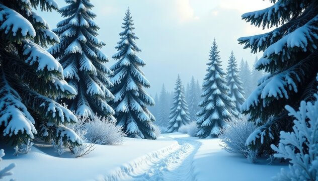 Frosty forest backdrop with snow-covered evergreen trees and sparkling icicles, evergreen, winter, frosty - Powered by Adobe
