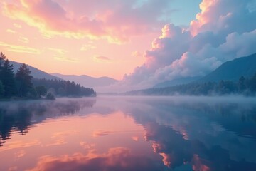 Obraz premium Iridescent cloud formations drift lazily across a serene lake surface, soft focus, misty dawn