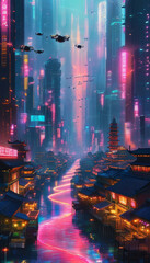 Cyberpunk Utopia at Night, cyberpunk cityscape, towering neon-lit skyscrapers, holographic billboards, bustling canal, glowing phosphorescent wate, Ultra-modern architecture, ancient Asian pagodas