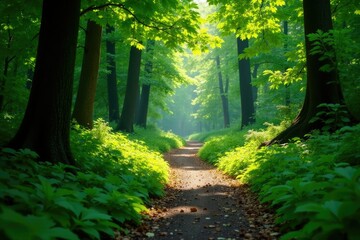 Obraz premium Leaves cast dappled shadows on lush green walkway, leaves, forest floor