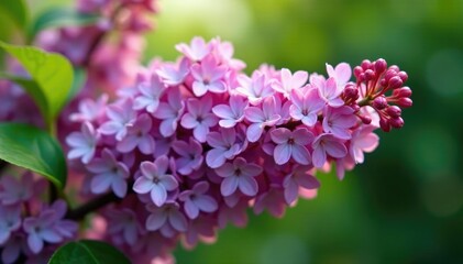 Fototapeta premium Lilac branch laden with heavy clusters of purple flowers and green leaves, branches, purple, bushes