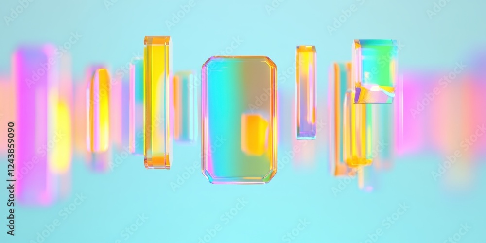 Poster vibrant abstract crystal shapes floating against soft blue background surreal design for print digit