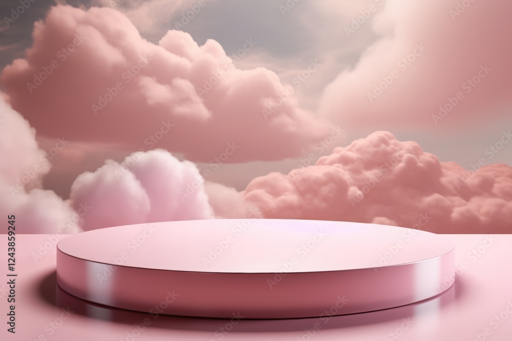 Poster soft pink clouds and round platform in 3d environment reflecting peach fuzz color trend for year 202