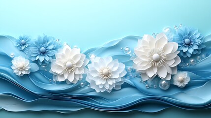 Serene Blue Water Wave Background With Paper Flowers