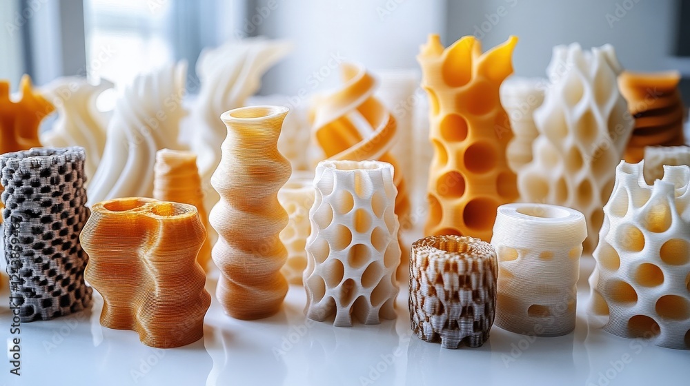 Aufkleber collection of intricate 3d-printed vases showcasing unique designs and textures in a bright setting
