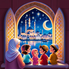 Happy family celebrate for eid mubarak with mosque background