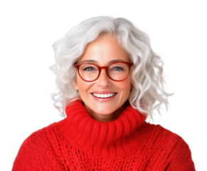 Bright smile of a joyful older woman with curly gray hair wearing glasses and a cozy red sweater