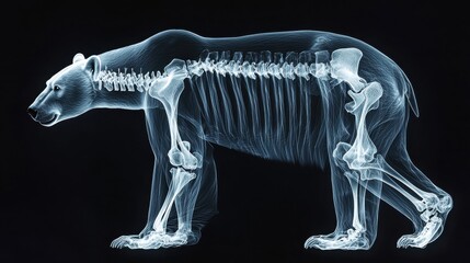 X Ray style image of a polar bear skeleton, showcasing its bone structure against a black background. Detailed anatomical accuracy.