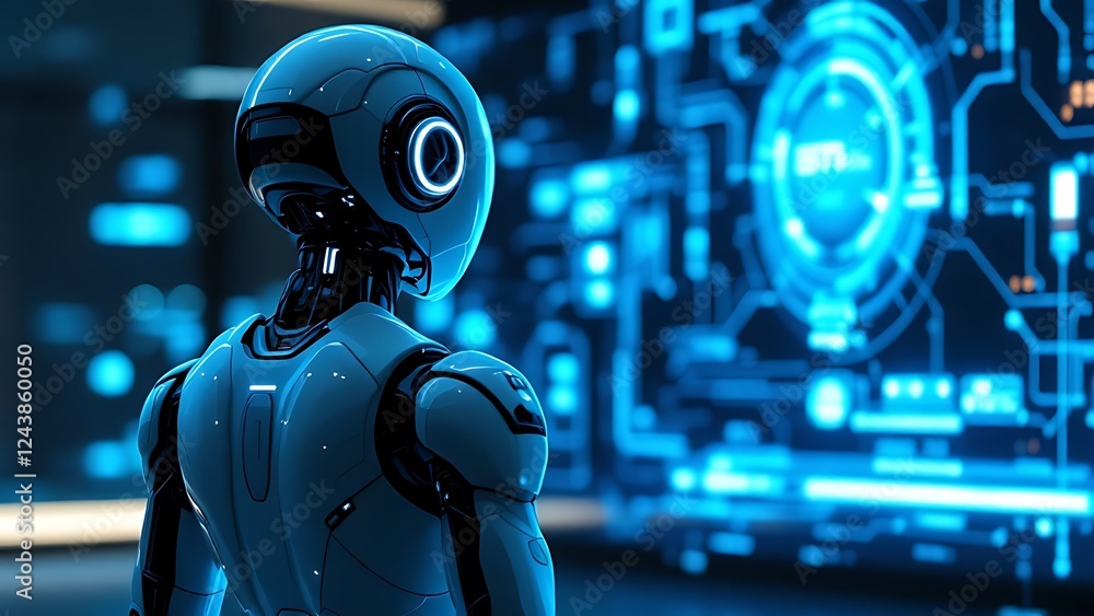 Poster design of a smart humanoid robot with artificial intelligence touching a hologram digital interface 