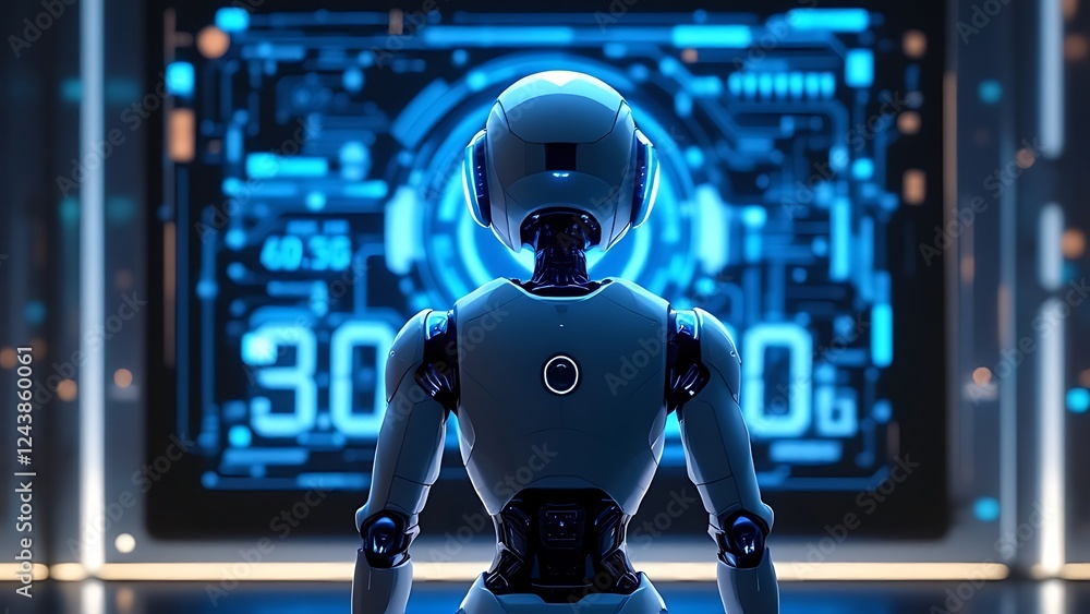 Poster design of a smart humanoid robot with artificial intelligence touching a hologram digital interface 