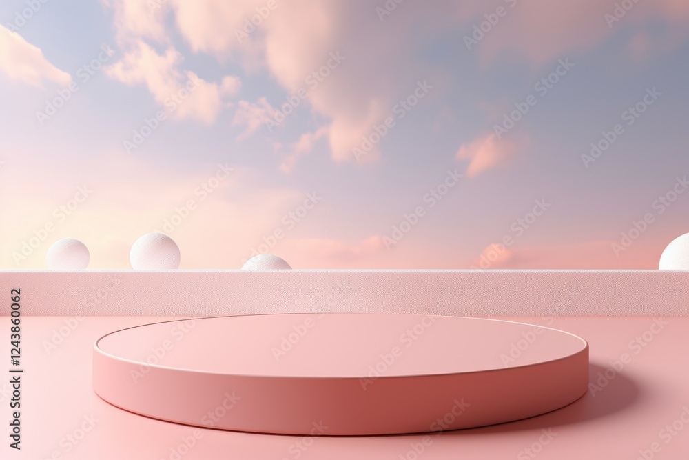 Poster 3d pink peach fuzz color trend setting with soft clouds and minimalist platform for creative display