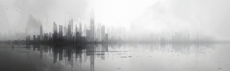 Minimalist Cityscape Reflection in Misty Atmosphere Showcasing Modern Architecture and Elegant Symmetry