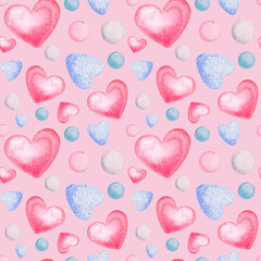 Watercolor seamless pattern for Valentine's Day with hearts. Pattern on a pink background. Festive, bright, beautiful hearts. Pattern for fabric, clothing, bed linen