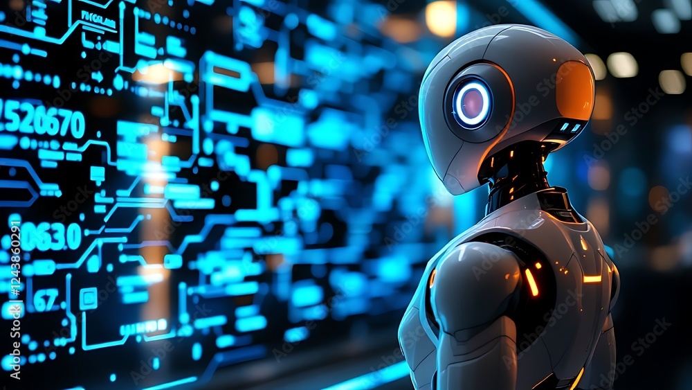 Poster design of a smart humanoid robot with artificial intelligence touching a hologram digital interface 