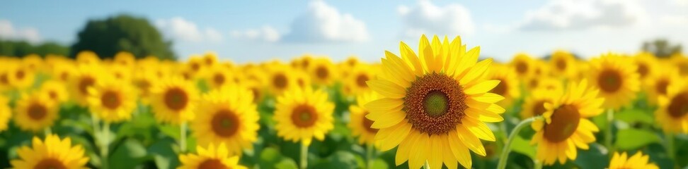 Sunflower field with yellow flowers swaying in wind, yellow fabric, nature