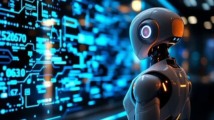 Design of a smart humanoid robot with artificial intelligence touching a hologram digital interface screen background wallpaper AI generated image