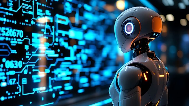 Design of a smart humanoid robot with artificial intelligence touching a hologram digital interface screen background wallpaper AI generated image