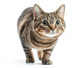 Obraz premium Playful tabby cat with striking eyes walking toward the camera, showcasing adorable features and soft fur on a bright background