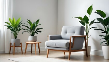 Un moderno sillón gris con patas de madera en una habitación luminosa y minimalista con una maceta