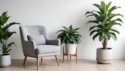 Fototapeta premium Un moderno sillón gris con patas de madera en una habitación luminosa y minimalista con una maceta