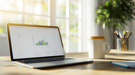 A modern desk with an open laptop displaying financial software, symbolizing business, analysis, and digital finance. Ideal for fintech, investments, and productivity themes.