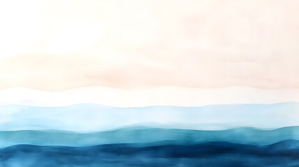 Fototapeta premium A serene watercolor background featuring a smooth gradient transitioning from deep ocean blue at the top to a soft, airy white at the bottom. The delicate brush strokes create a flowing texture,