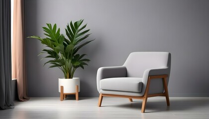 Fototapeta premium Un moderno sillón gris con patas de madera en una habitación luminosa y minimalista con una maceta