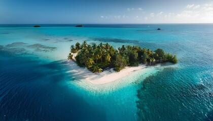 Firefly Show an untouched tropical island from above, surrounded by shallow, turquoise waters. under 