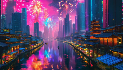 Obraz premium Cyberpunk Utopia at Night, cyberpunk cityscape, towering neon-lit skyscrapers, holographic billboards, bustling canal, glowing phosphorescent wate, Ultra-modern architecture, ancient Asian pagodas